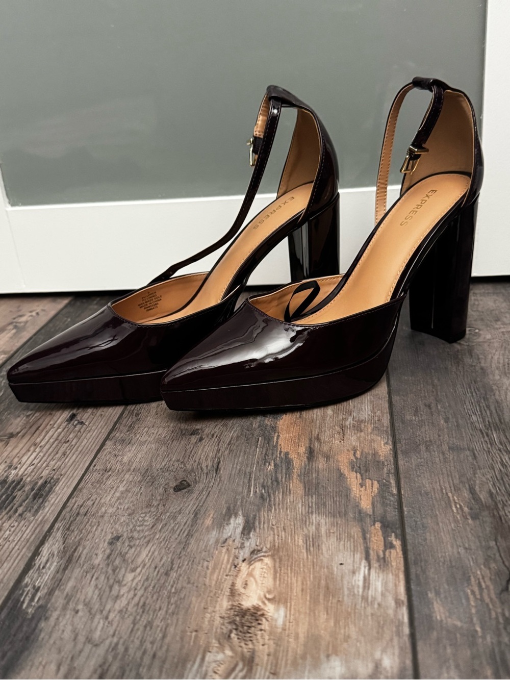 Express Women's Patent T-Strap Platform Pumps in Deep Burgundy
